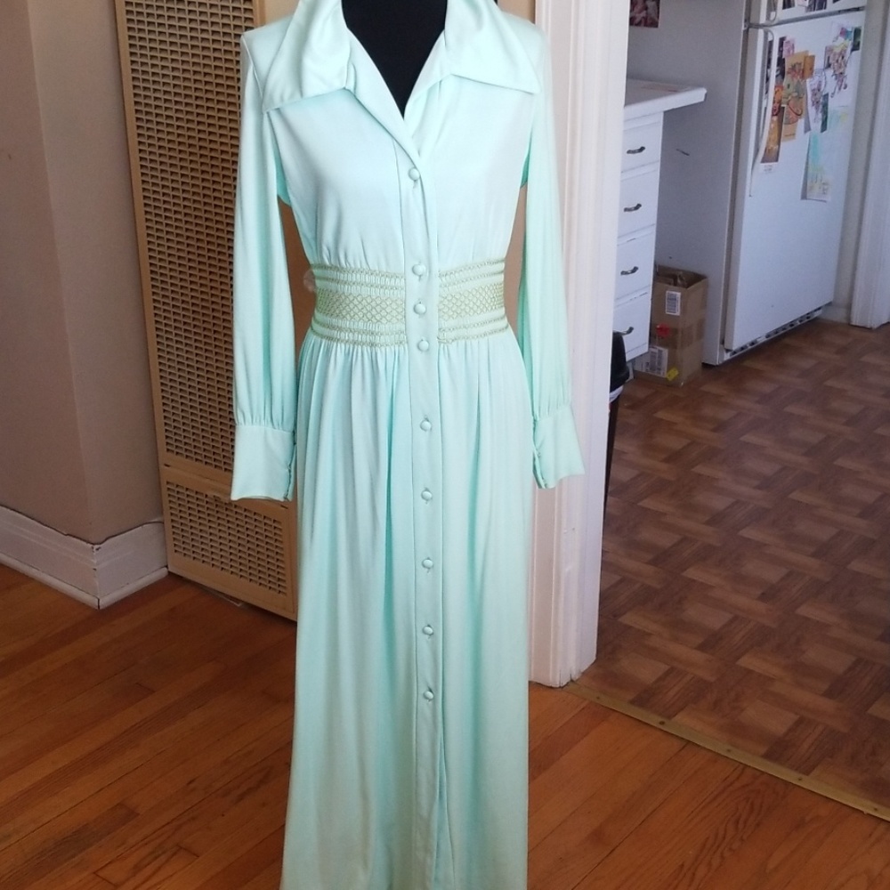VTG Lillie Rubin Mint Green 70s Boho Maxi Dress - Picture 1 of 8